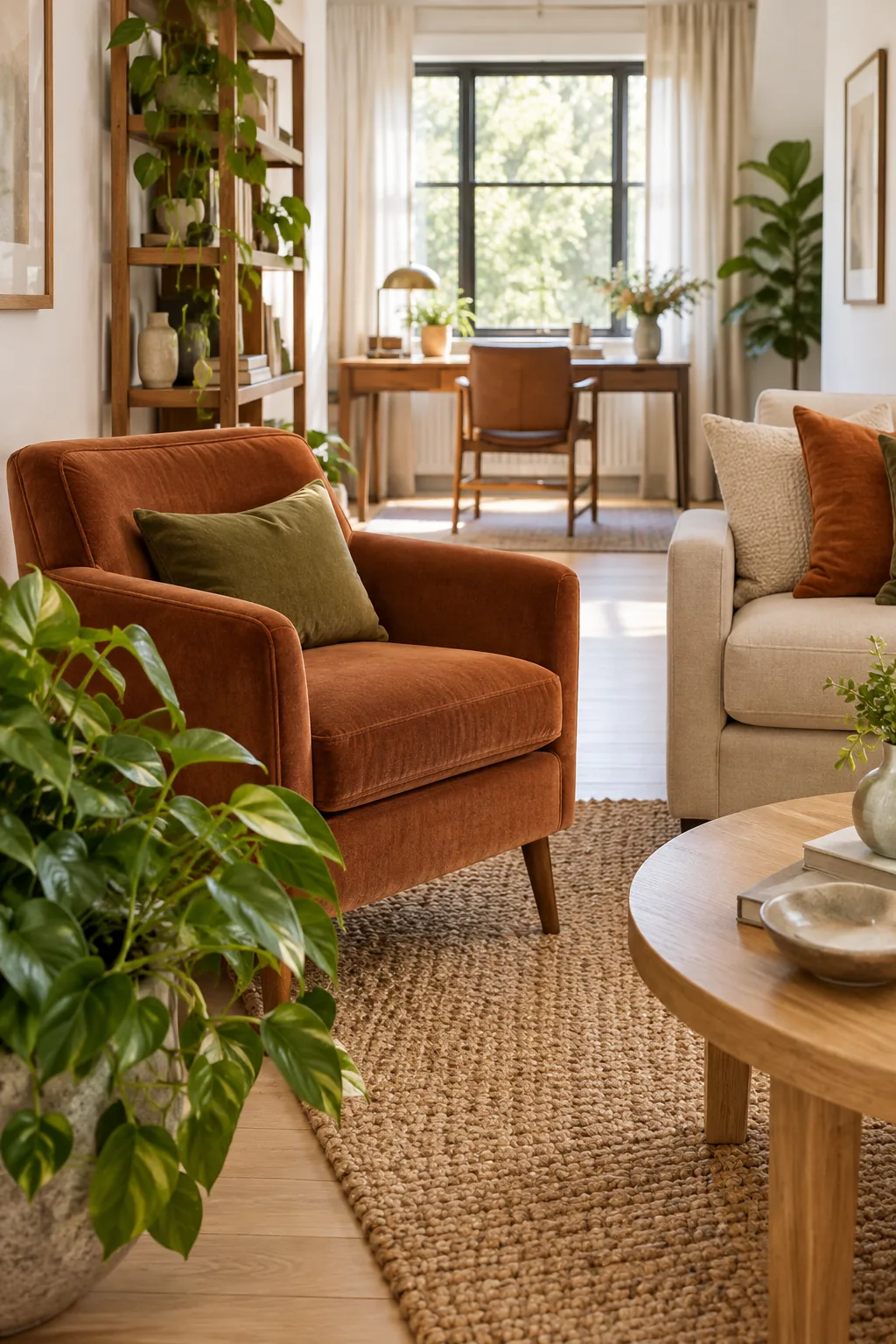 A rust velvet armchair angled inward toward a primary seating area, framed by a green houseplant.