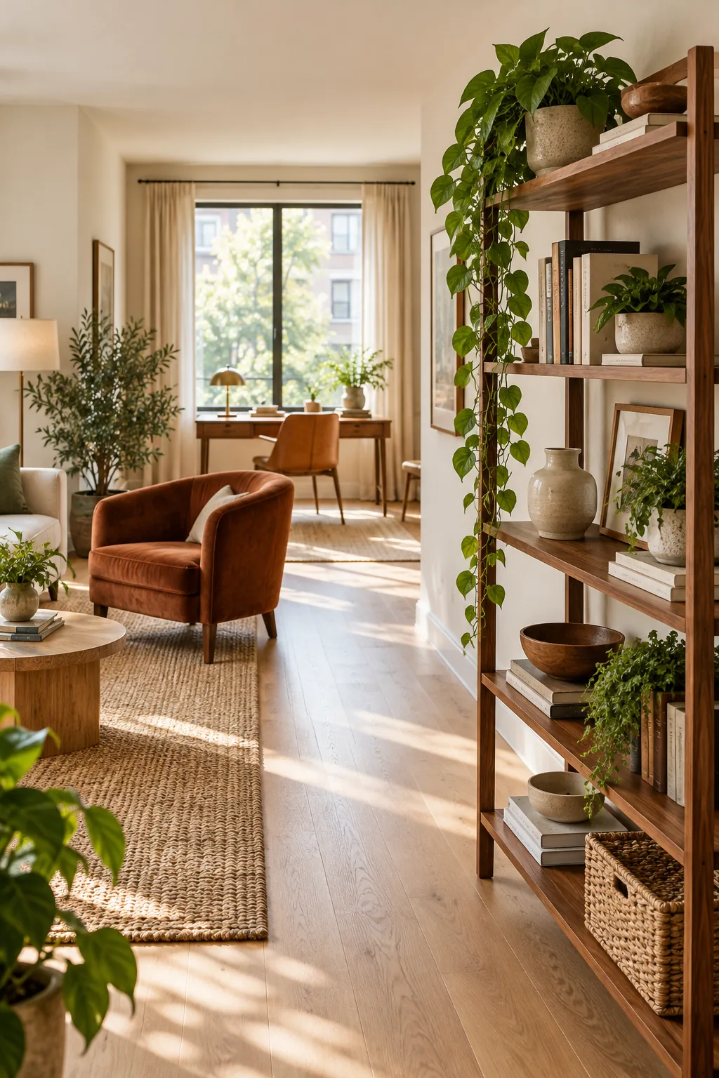 A wooden writing desk and leather chair positioned in front of a bright window at the end of a room.