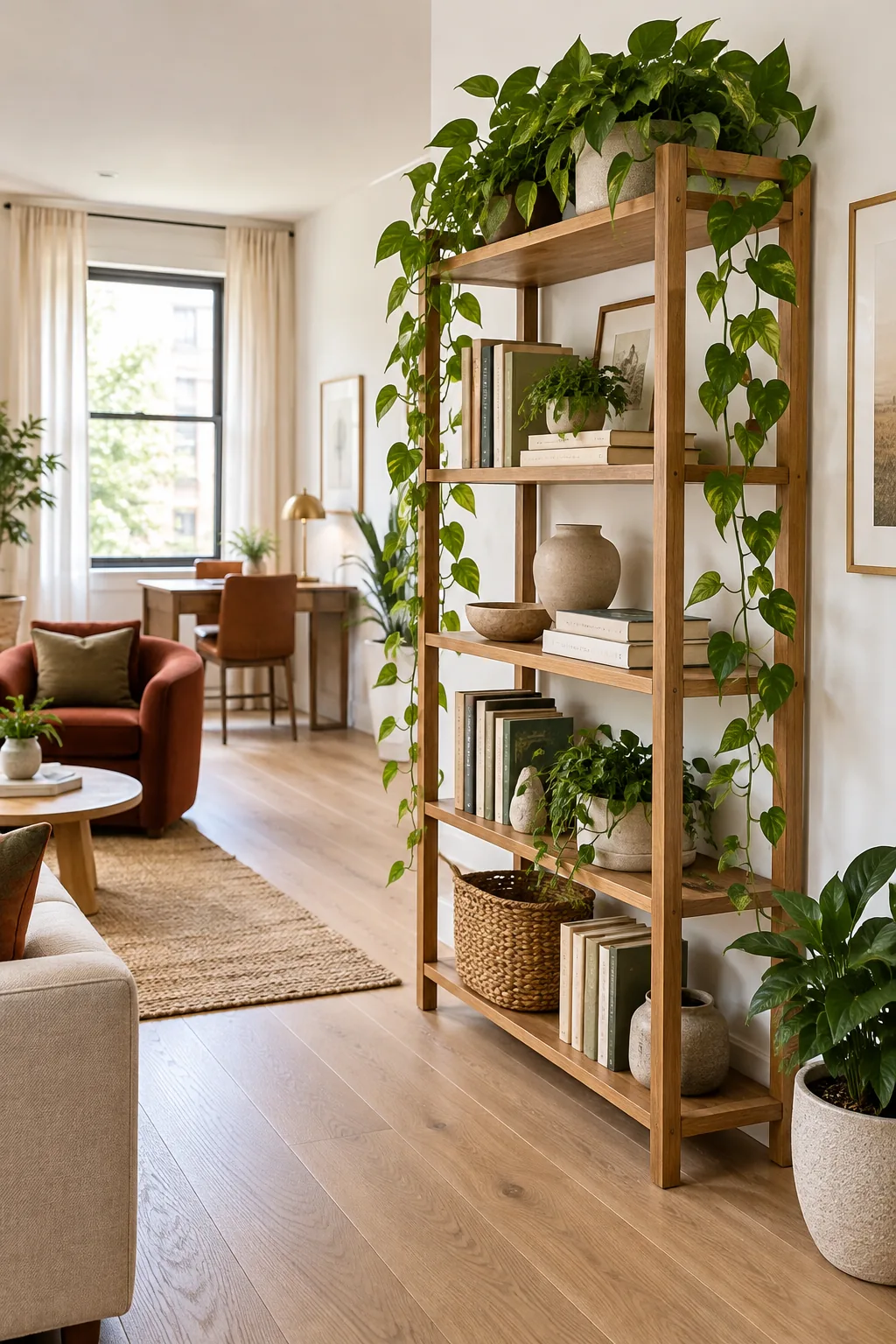 A tall, open-sided wooden bookcase styled with trailing plants and books against a white wall.