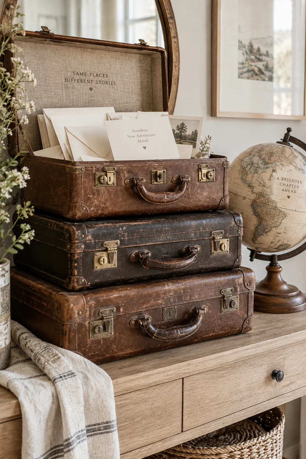 Stacked vintage leather suitcases on a table with the top one open for cards