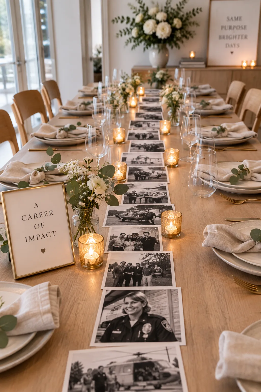 Long dining table featuring black and white photos laid flat as a runner with brass candles