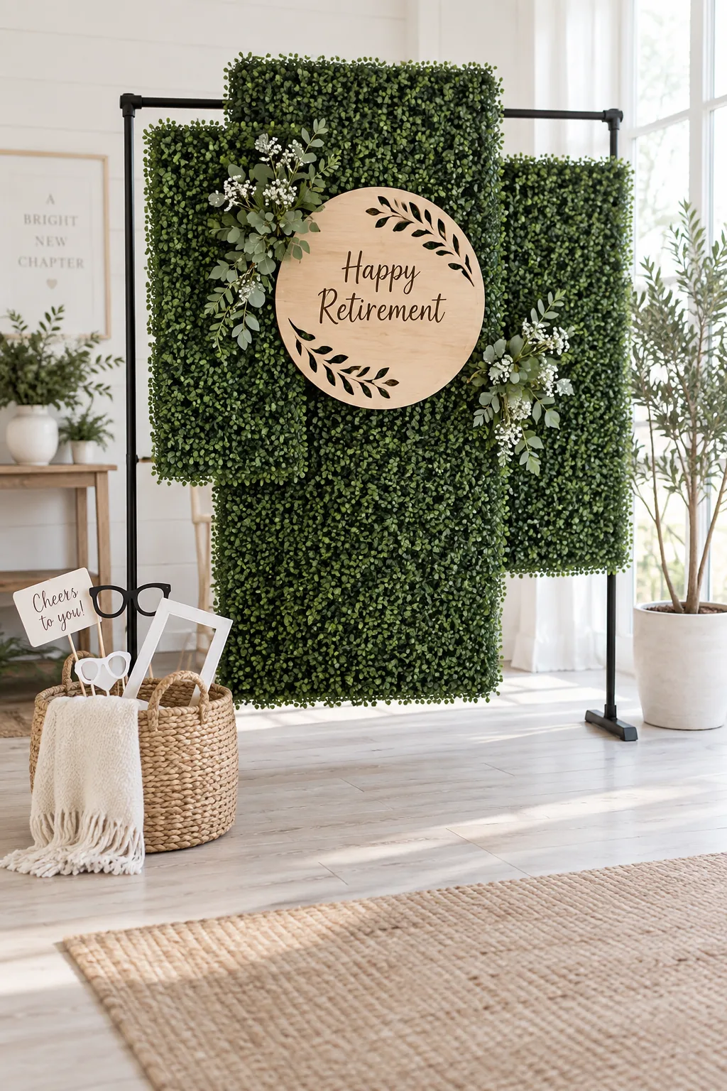 Faux boxwood greenery wall with a custom wooden name sign and a prop basket