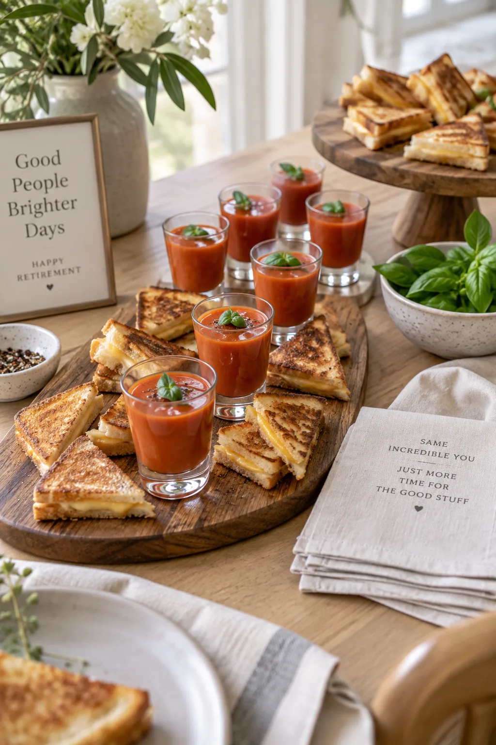 Wooden serving board with mini grilled cheese sandwiches and tomato soup shooters
