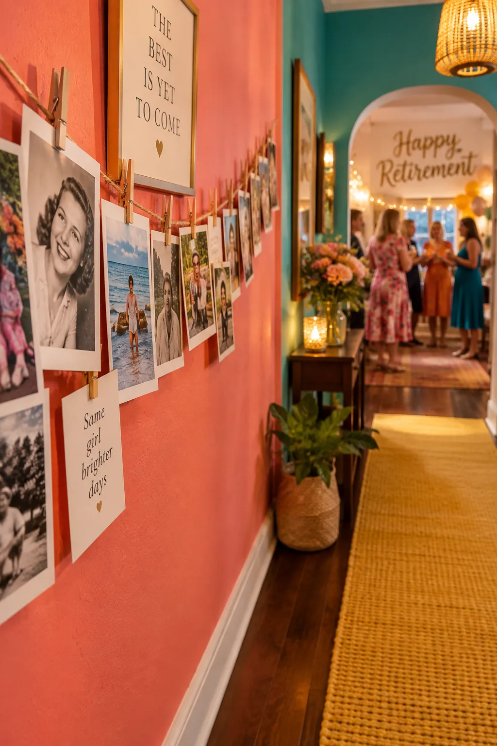 Photos hanging from a twine string with mini wooden clothespins along a hallway