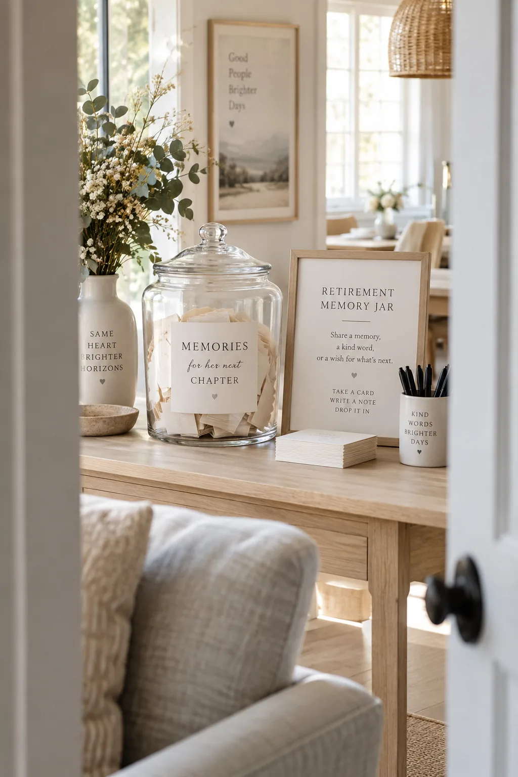 Glass apothecary jar next to blank cardstock slips and black pens