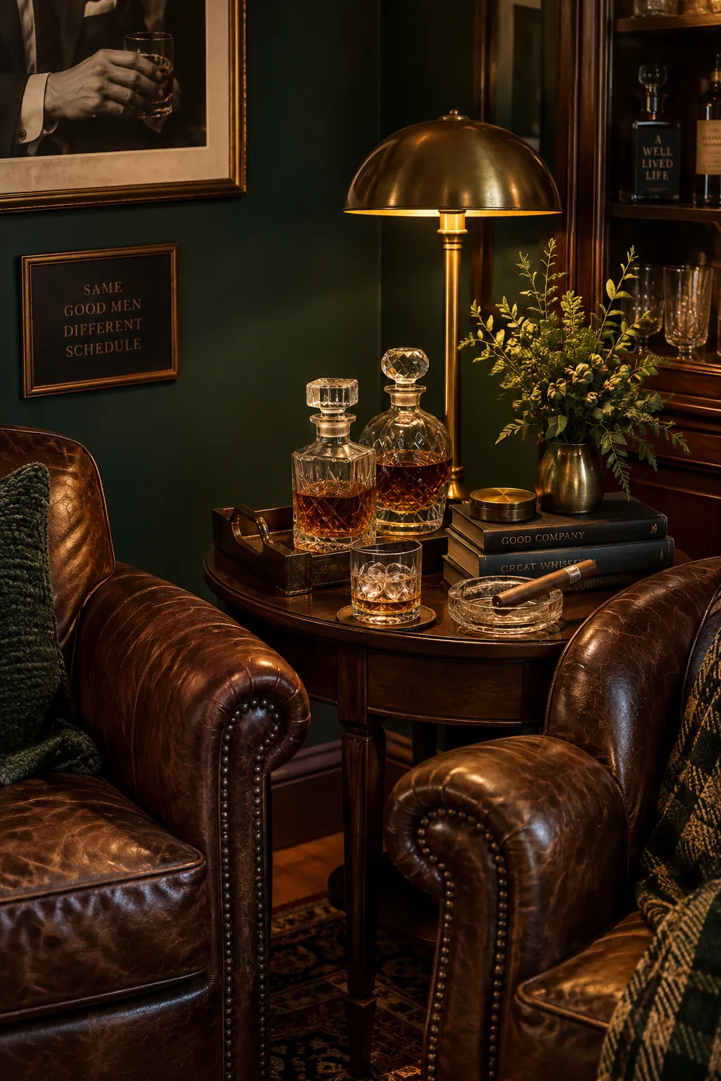Crystal decanters and glasses on a wooden tray near leather armchairs