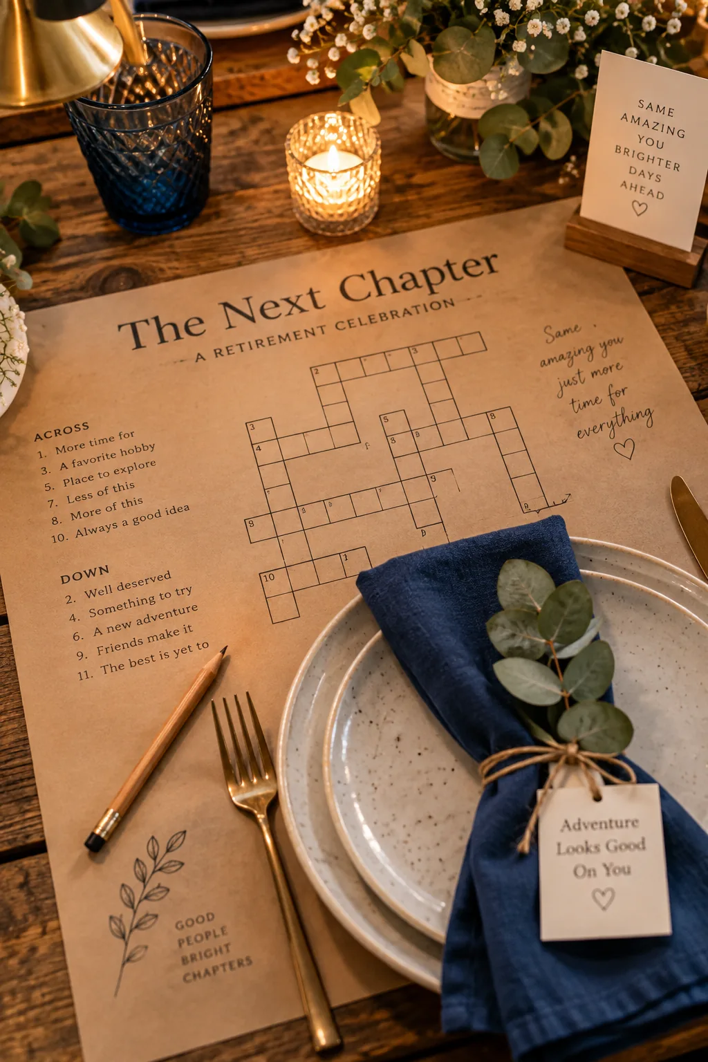 Custom crossword puzzle printed on craft paper at a table setting with a pencil