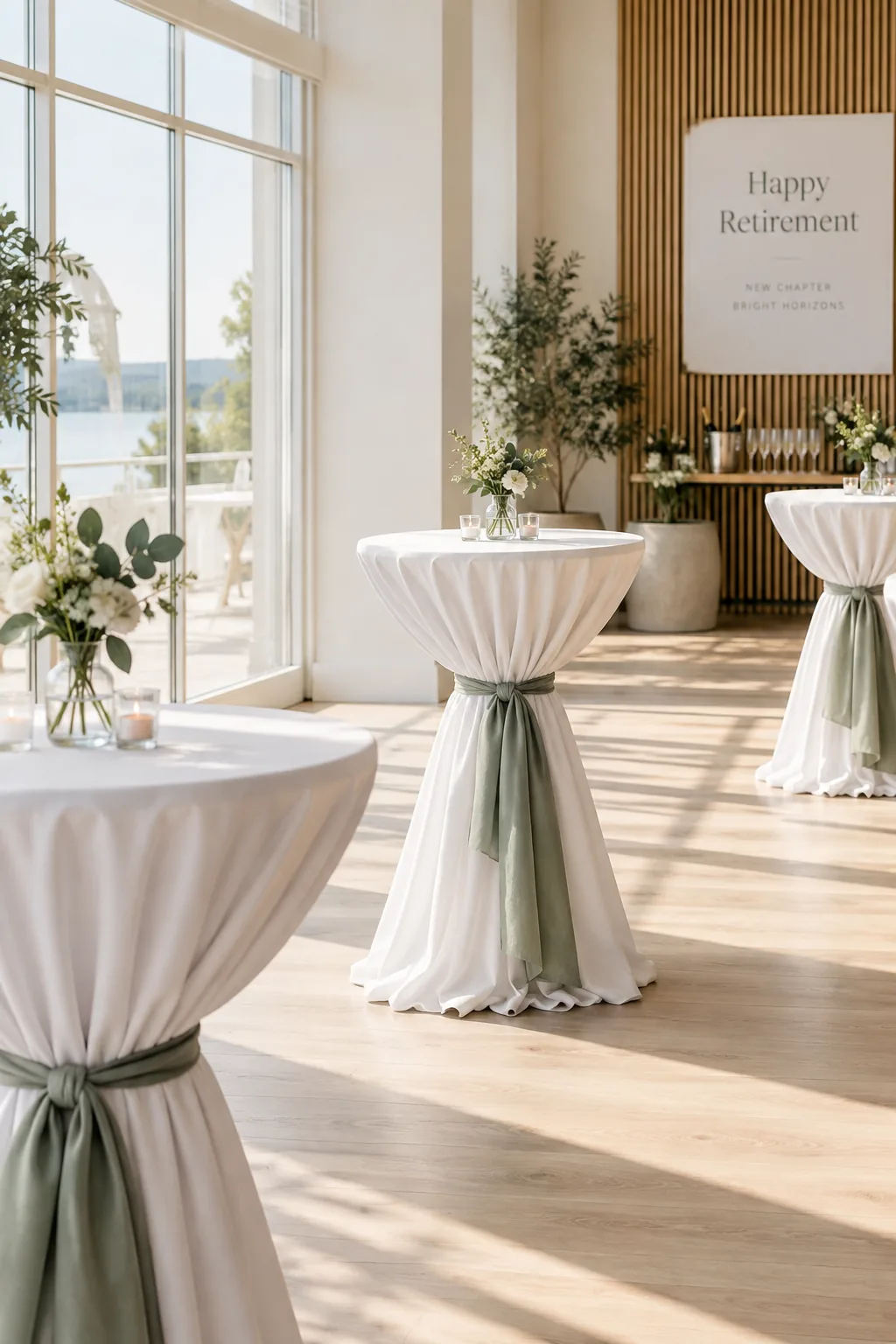 High-top cocktail tables draped in white linens tied with ribbons in a bright room