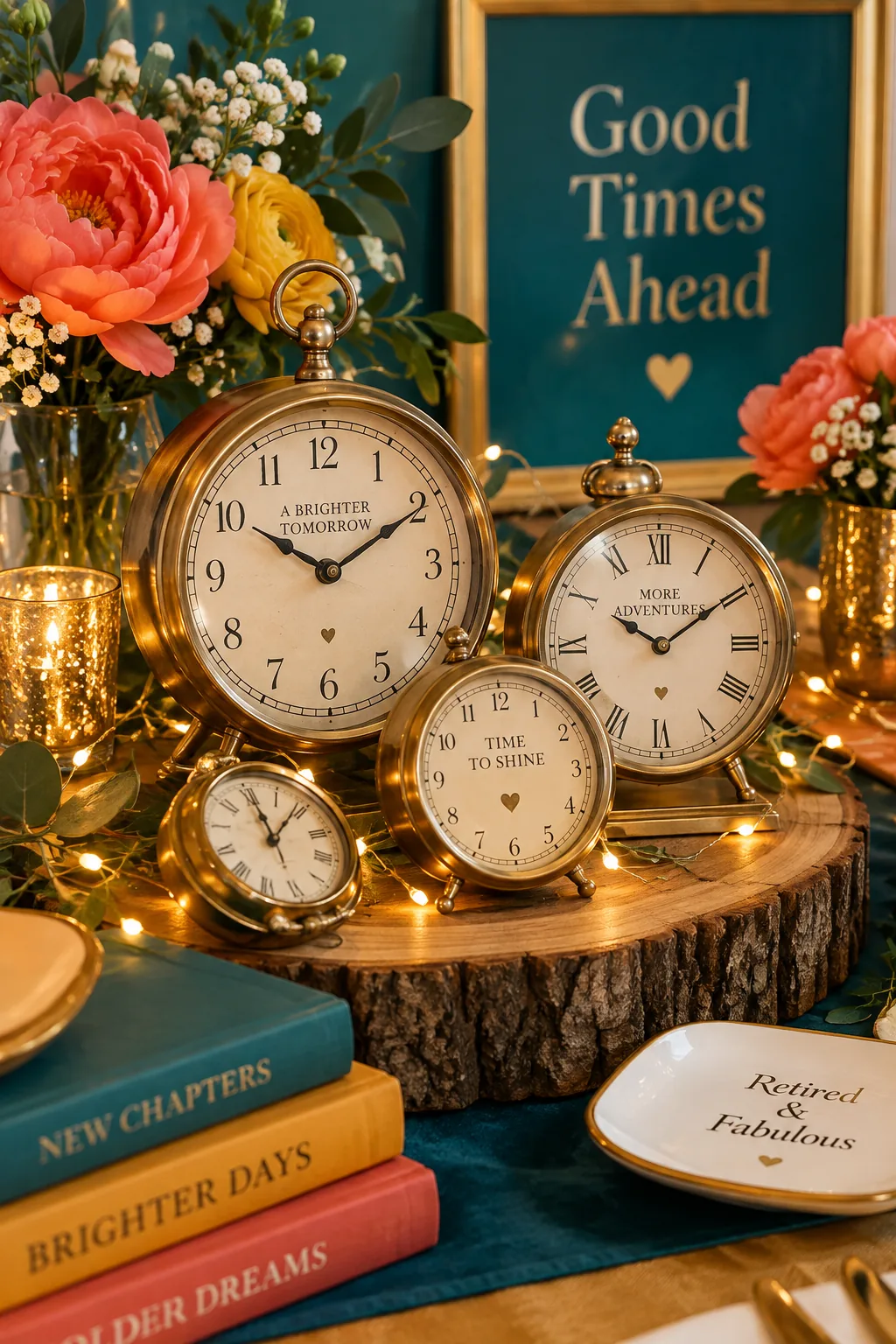 Vintage brass clocks arranged on a wooden slab with fairy lights
