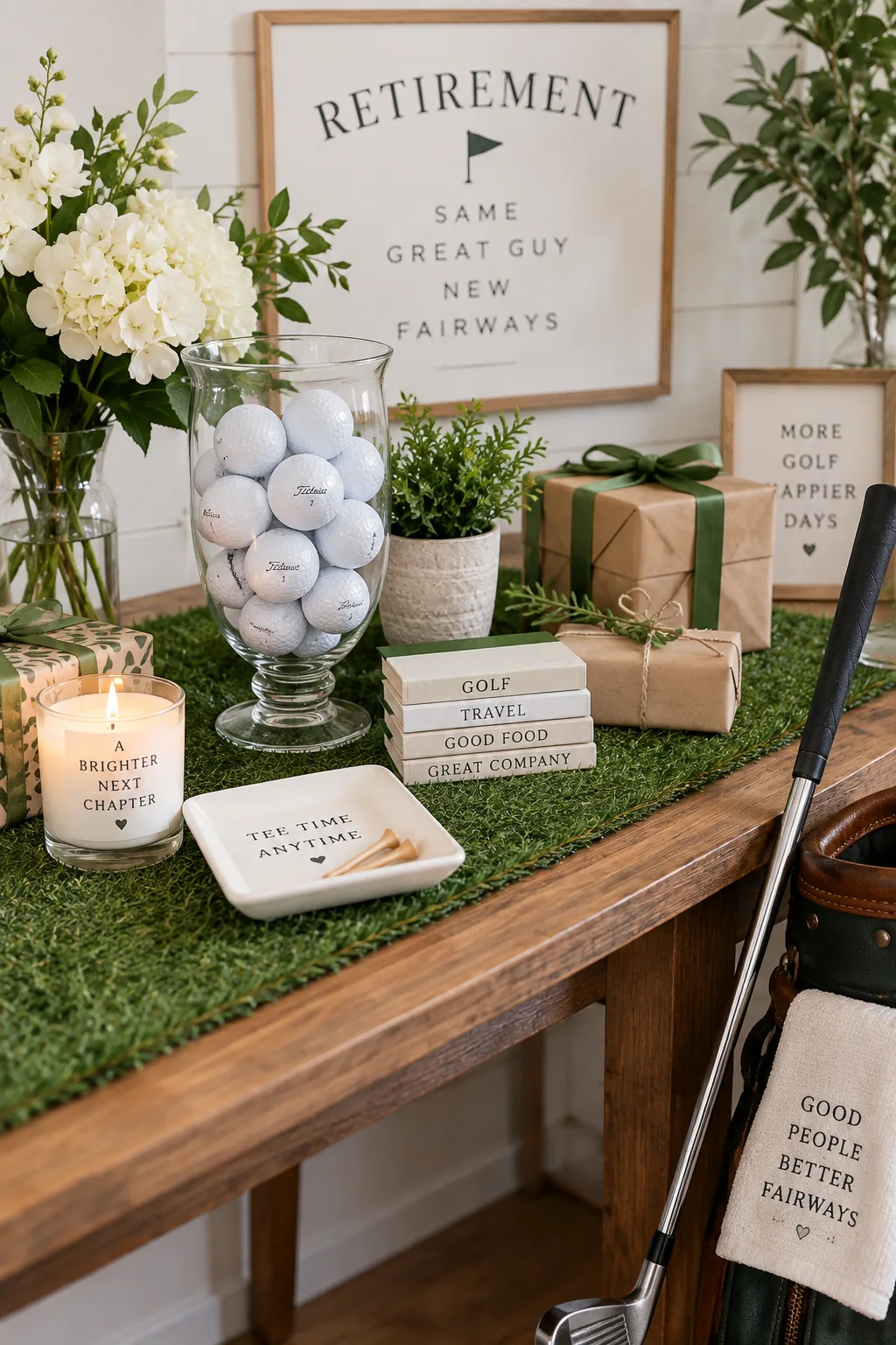 Gift table decorated with an artificial turf runner and a vase of golf balls