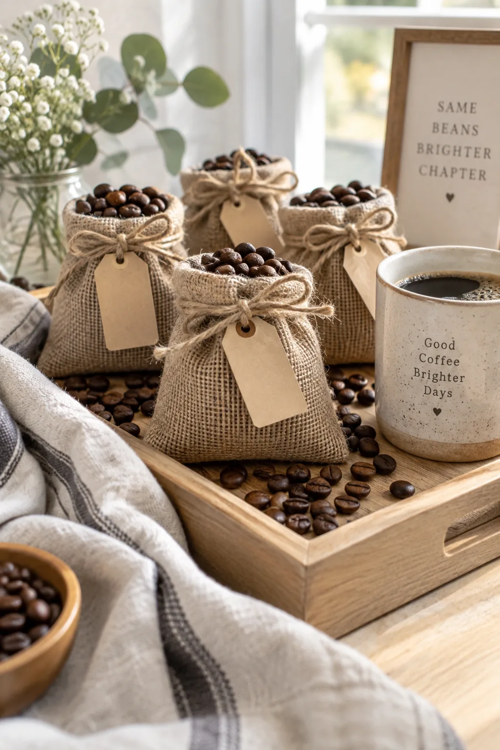 Small burlap sacks filled with coffee beans with tags saying enjoy the slow mornings