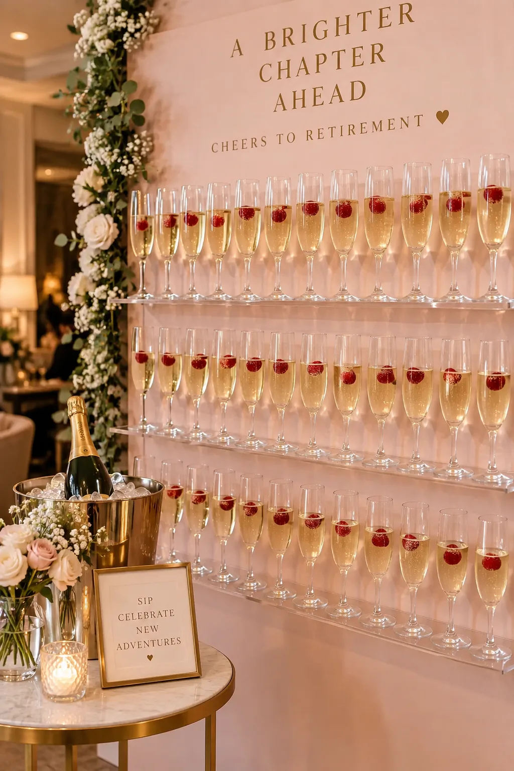 Acrylic shelving wall filled with champagne flutes garnished with raspberries