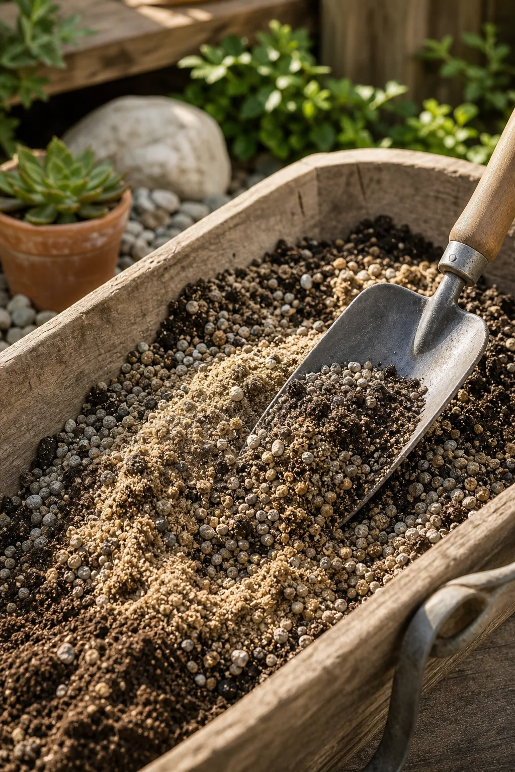 A metal garden trowel mixing topsoil, coarse sand, and small gravel in a wooden trug.