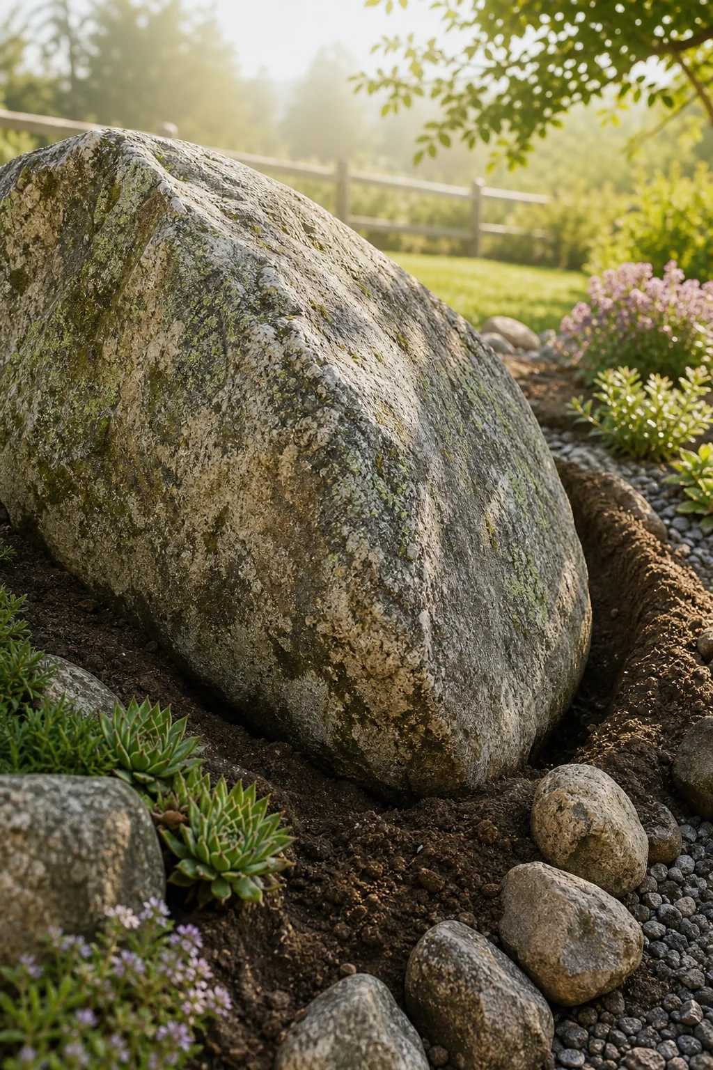 The base of a large, weathered granite boulder partially buried into the soil.