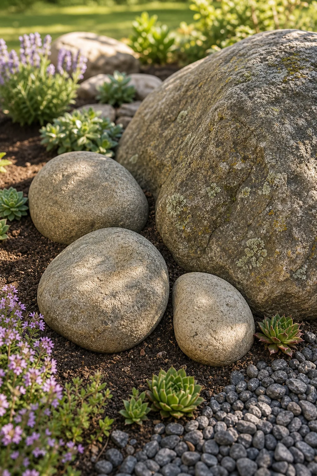 Three medium-sized river stones clustered asymmetrically next to a larger anchor boulder.