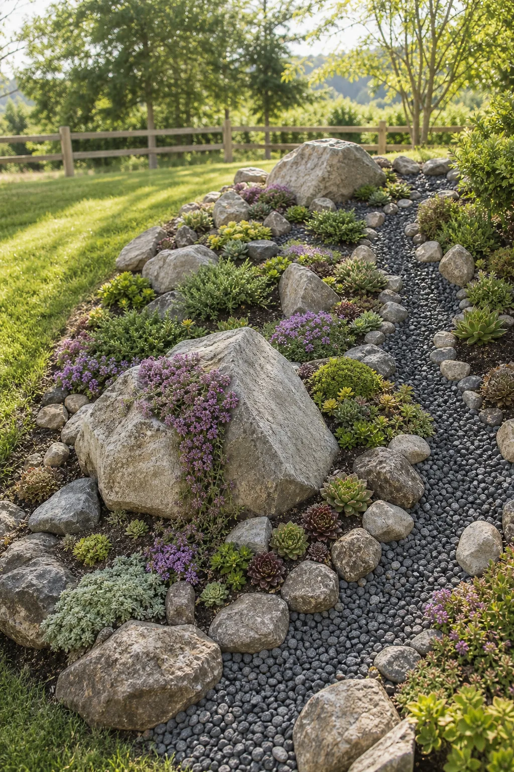 Elevated view of a sloped rock garden layout showing large boulders stepping down to smaller stones.