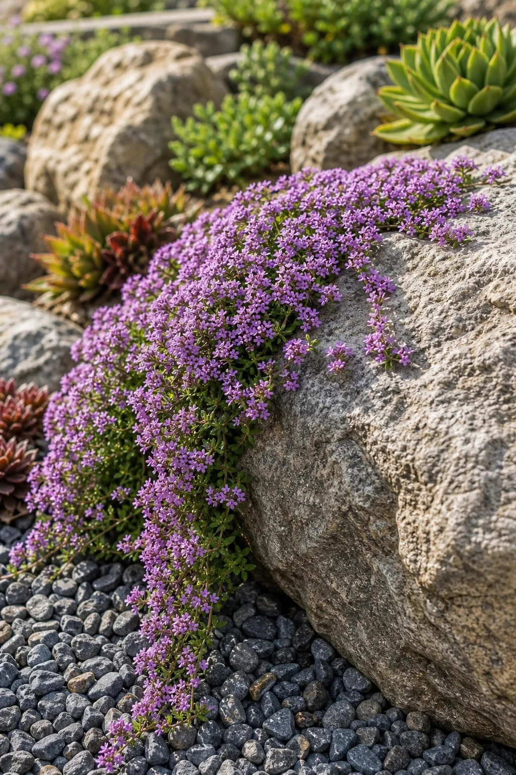 Vibrant purple creeping thyme cascading over the edge of a light gray rock.