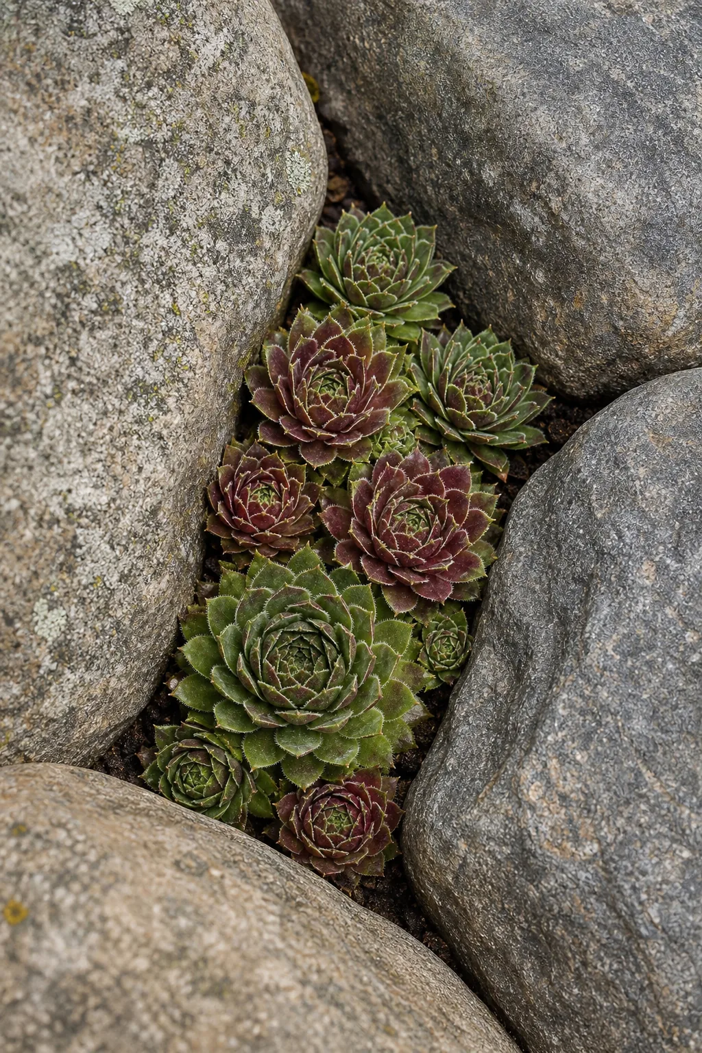Green and burgundy hens-and-chicks succulents nestled tightly in a gap between three weathered stones.