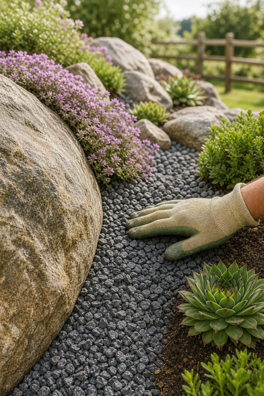 A gloved hand smoothing a layer of dark gray crushed stone gravel around a small succulent.