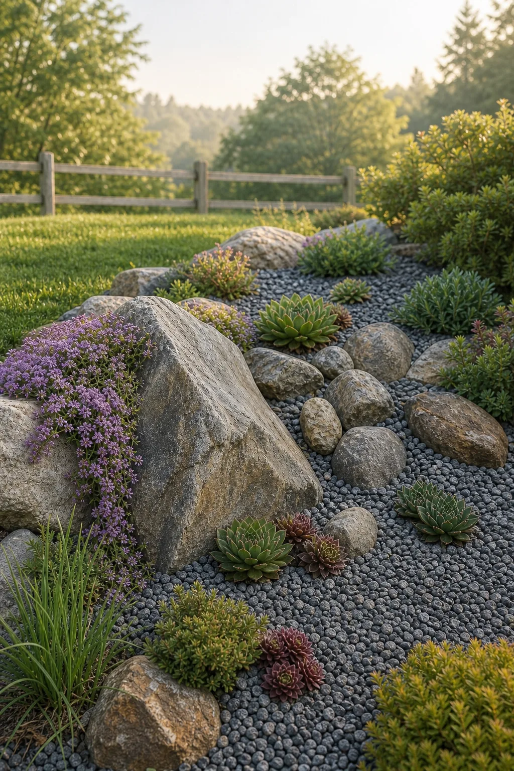 A fully settled, well-maintained rock garden in soft morning light with neat gravel and thriving plants.