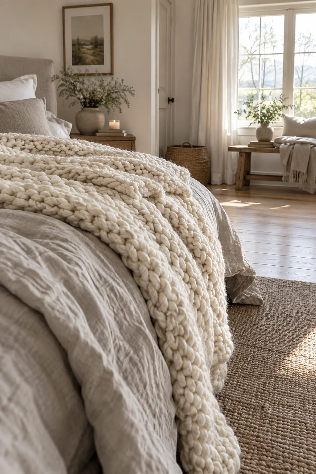 A bed styled with white linen sheets and a thick gray chunky knit throw.