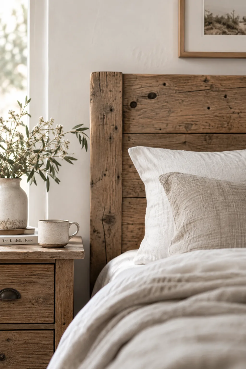 A rustic reclaimed wood headboard against a plain white bedroom wall.