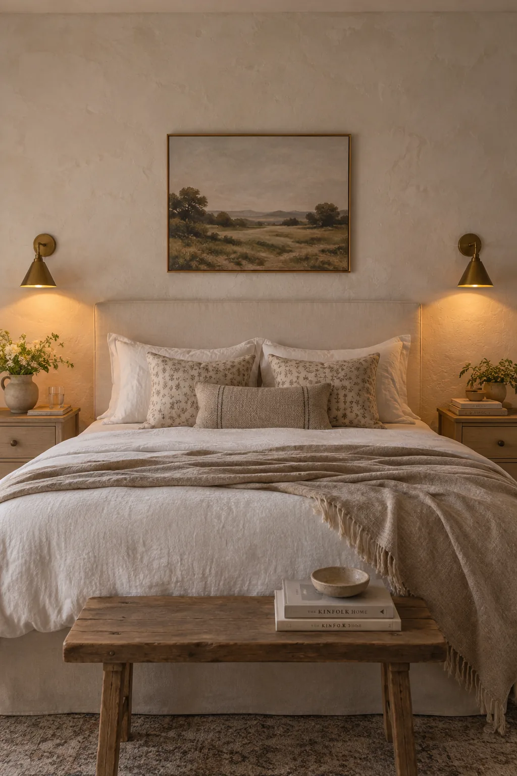 Two brass wall sconces glowing above wooden nightstands.