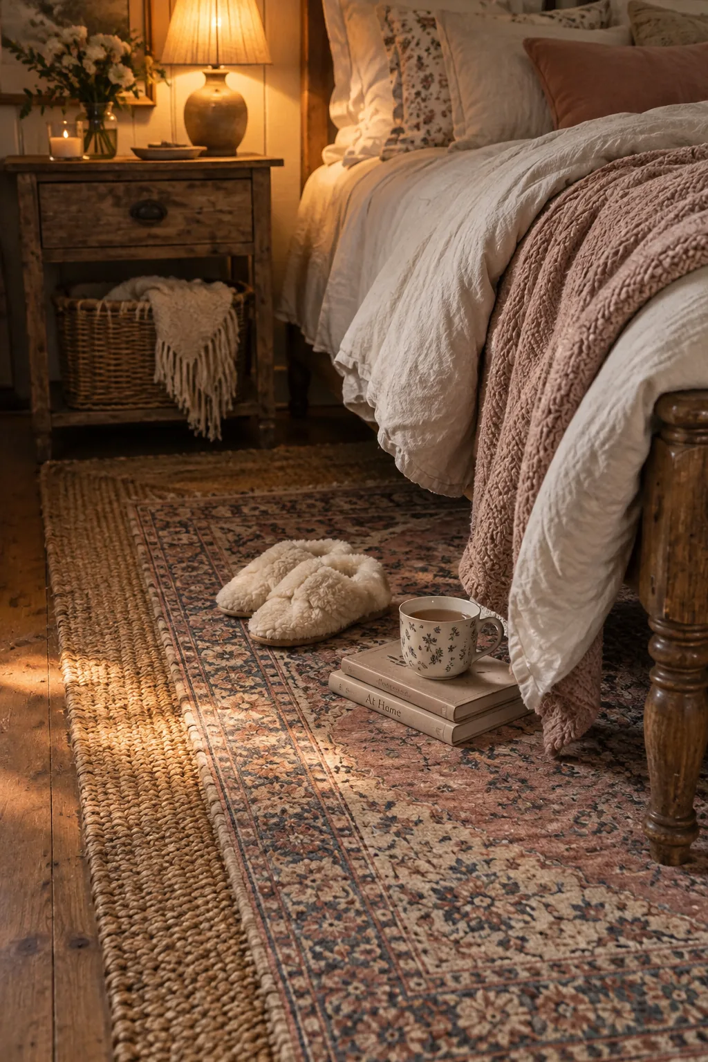 A faded vintage rug layered over a large natural jute rug under a bed.