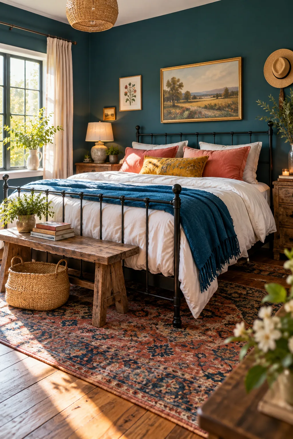 A black wrought iron bed dressed in fluffy white bedding.