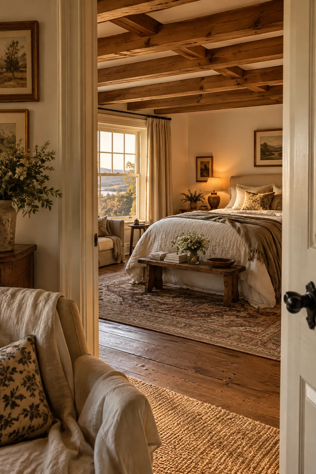 A bedroom ceiling featuring warm faux cedar beams.