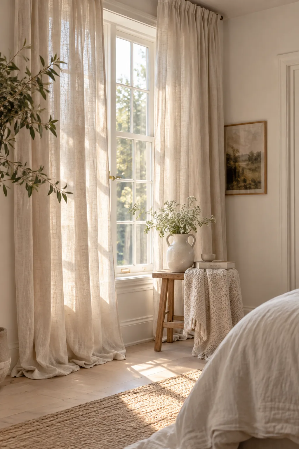 Tall oatmeal linen curtains hanging just below the ceiling.