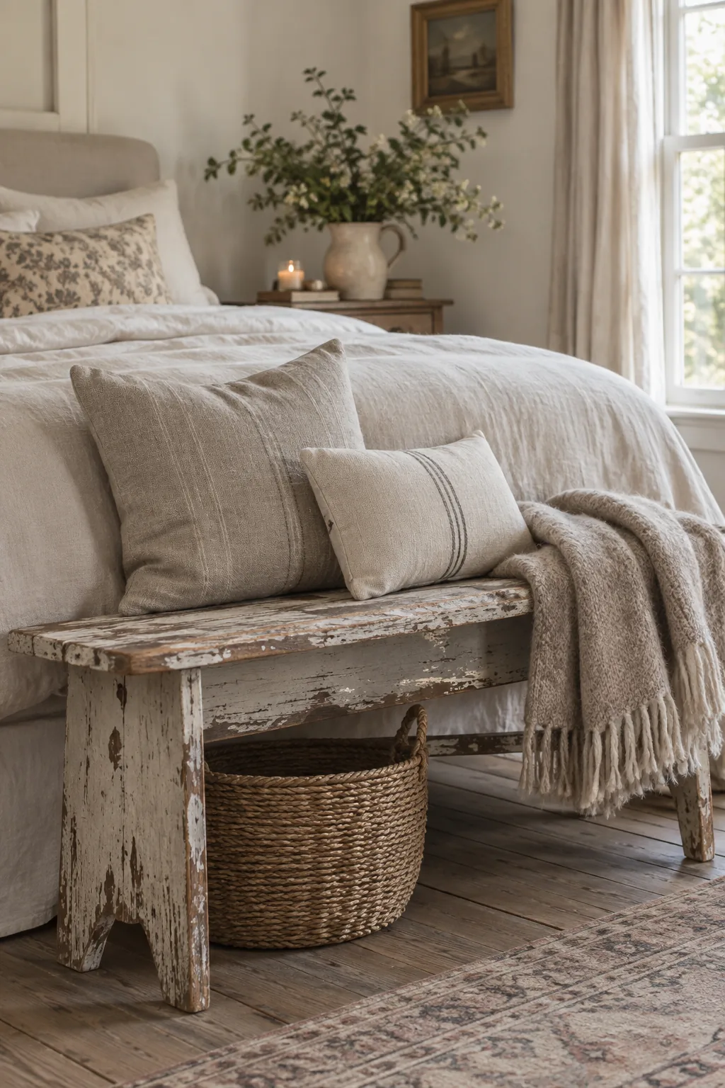 A chippy white wooden bench sitting at the foot of a cozy bed.