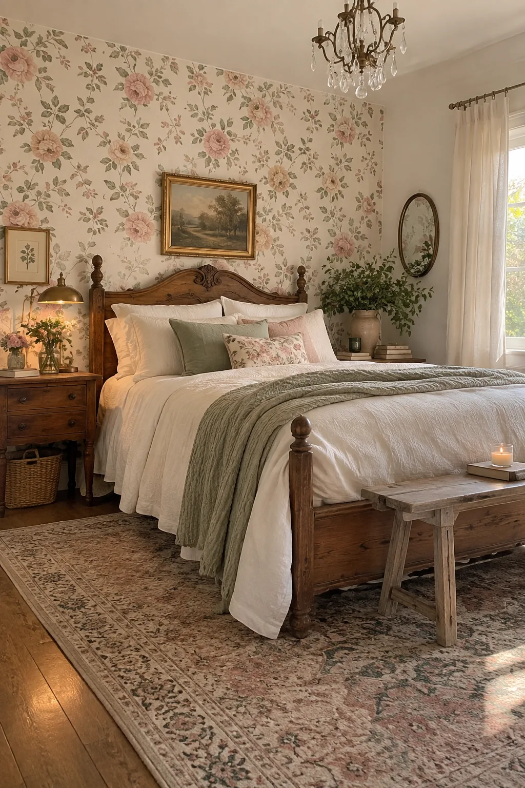 A bedroom wall behind a bed covered in subtle, creamy floral wallpaper.