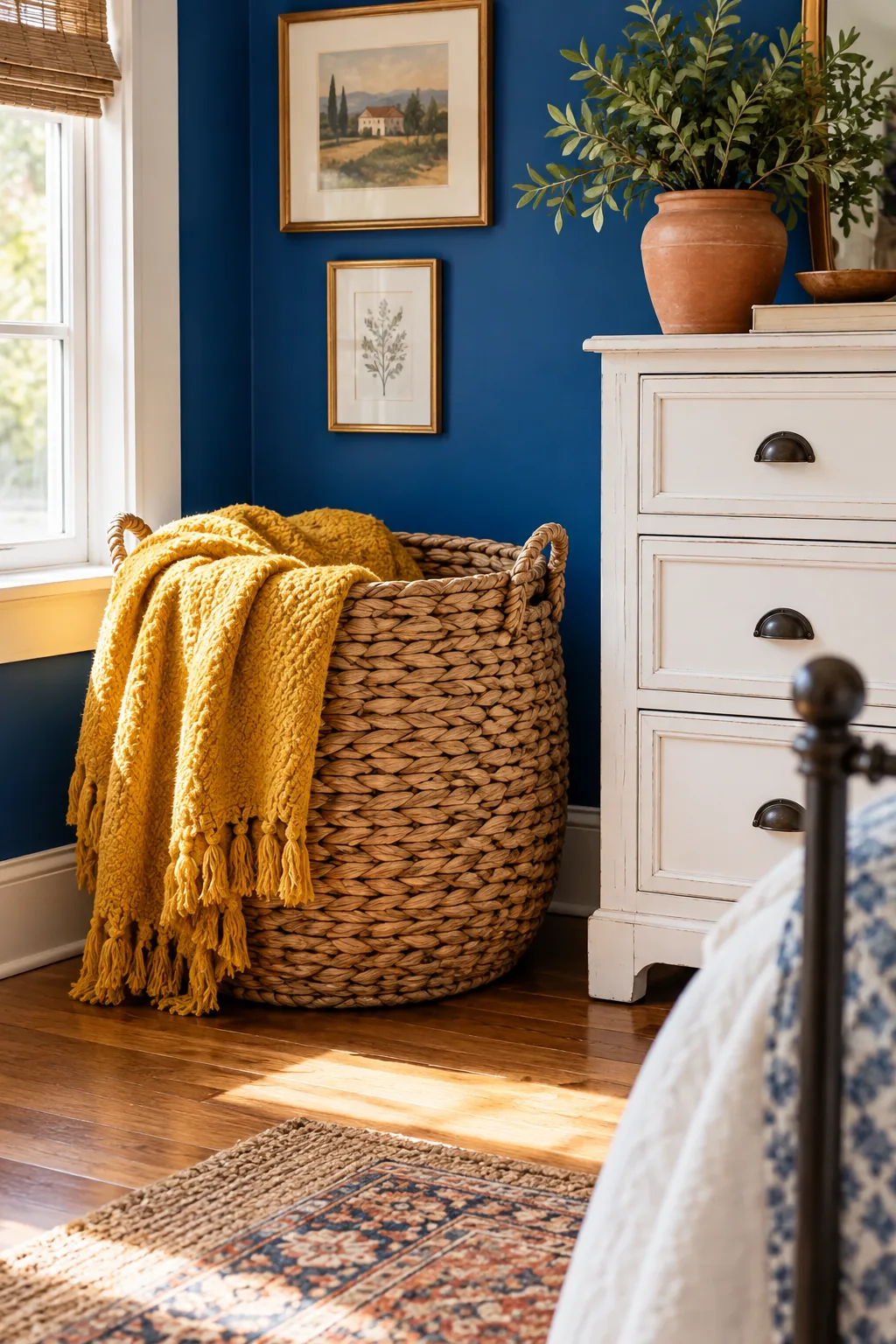 A large woven basket filled with blankets in a bedroom corner.