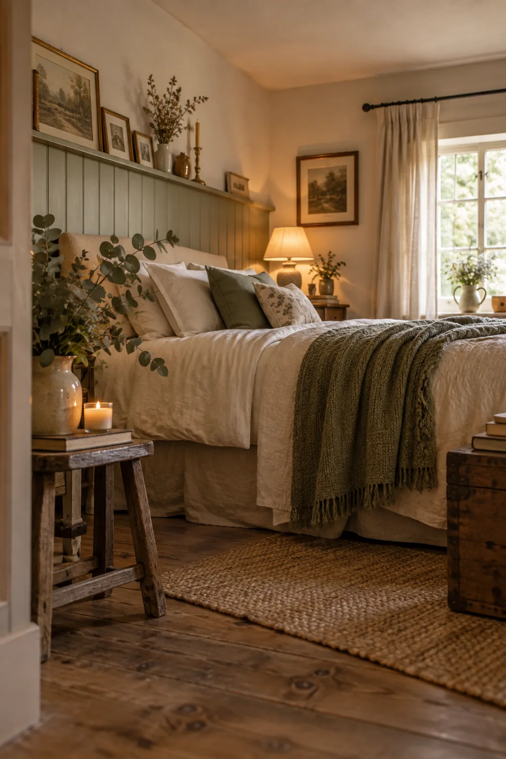 A bedroom featuring a green shiplap half-wall with a wooden ledge.