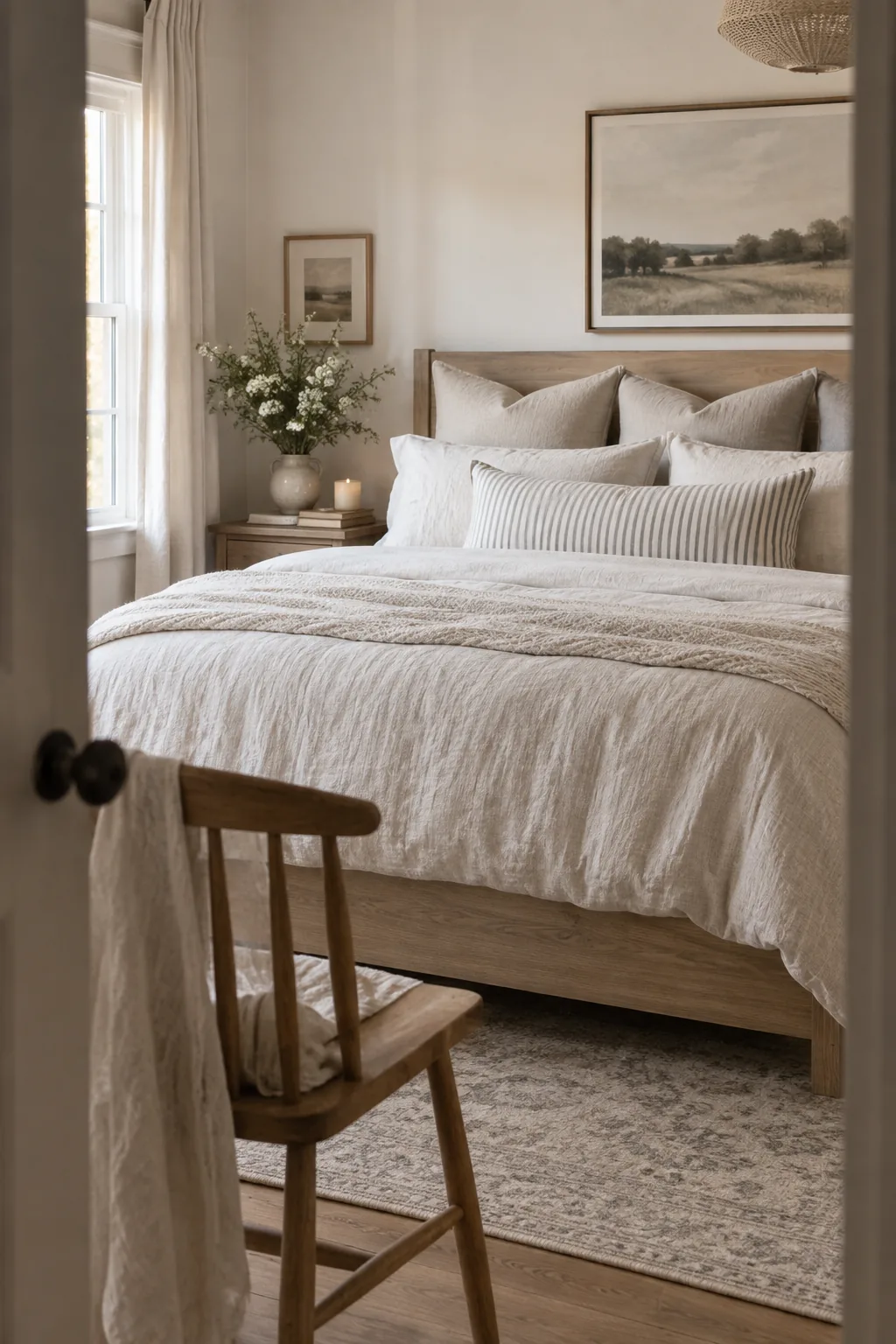A bed styled with multiple layers of neutral and striped pillows.