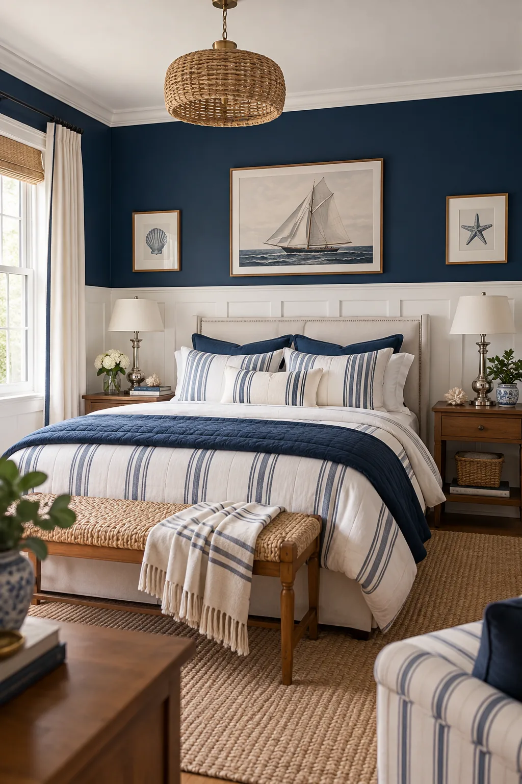 Bedroom with crisp white wainscoting on the bottom and deep navy paint on the top half.