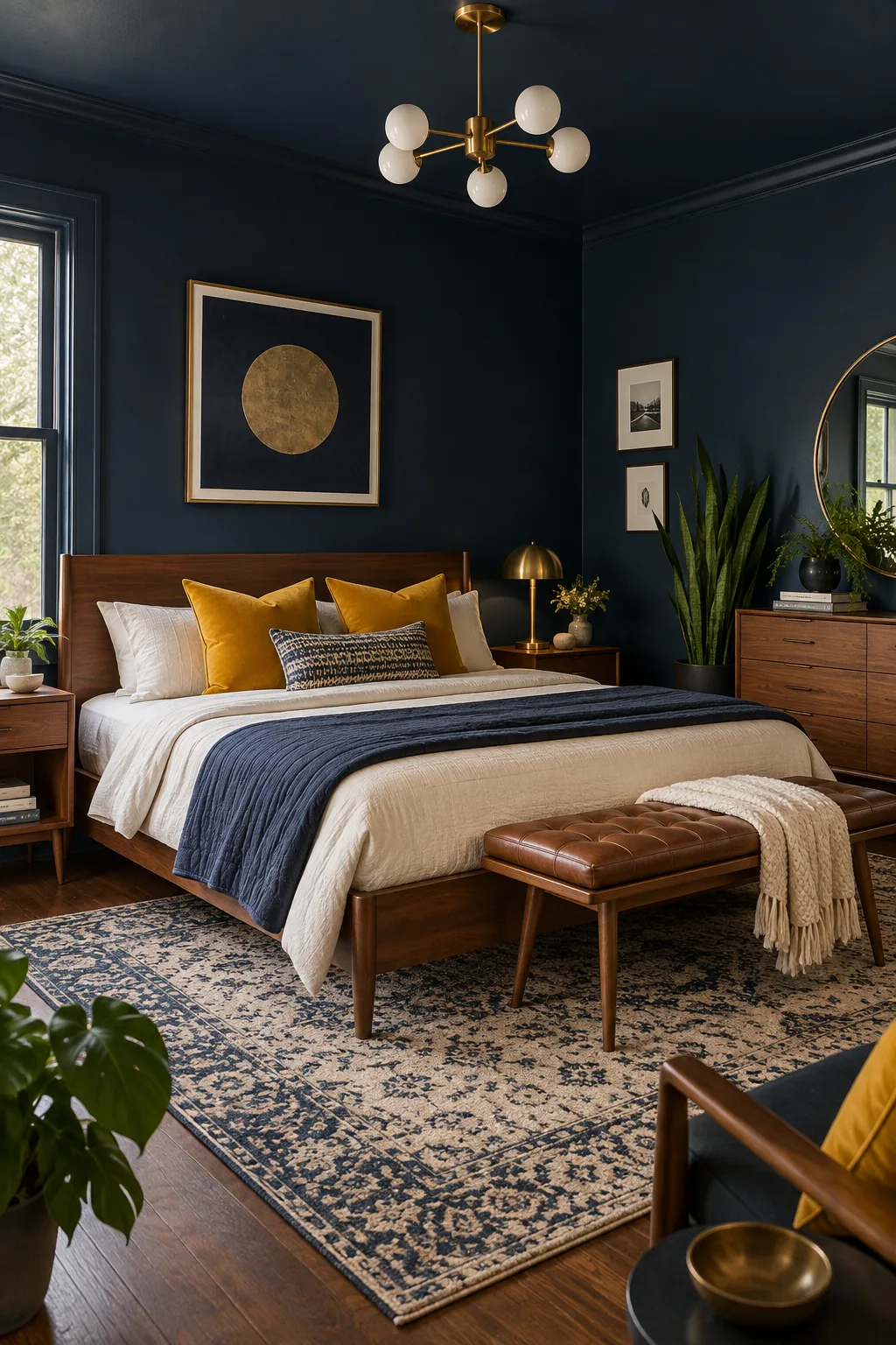 Midnight blue bedroom featuring a walnut wood bed and mustard yellow velvet pillows.