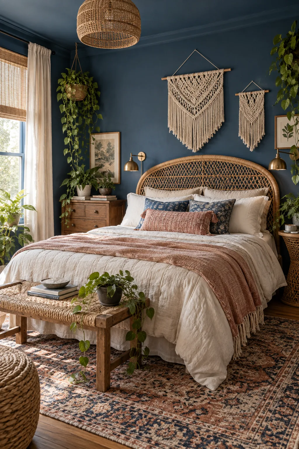 Faded indigo blue bedroom with a woven rattan headboard and trailing green plants.