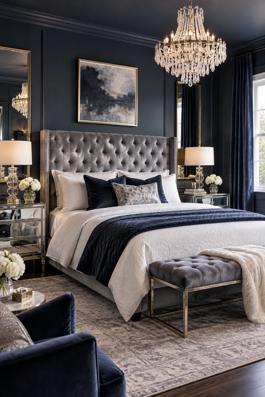 Charcoal navy bedroom with a silver velvet headboard and mirrored nightstands.