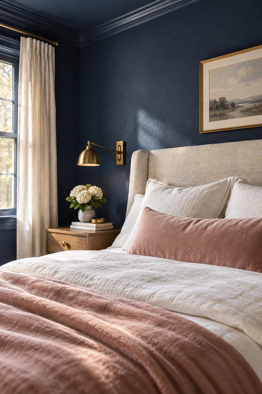 Close-up of a perfectly smooth, deep navy blue wall behind a light linen headboard.