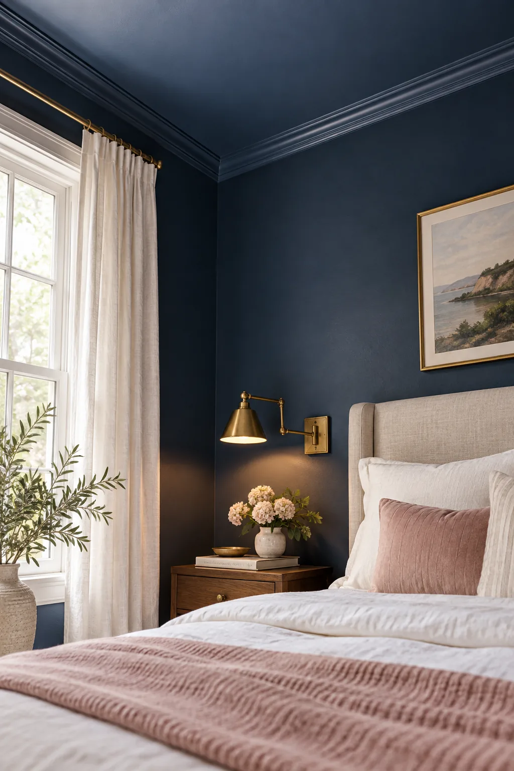 Corner of a bedroom showing a deep navy wall meeting a slightly lighter navy painted ceiling.