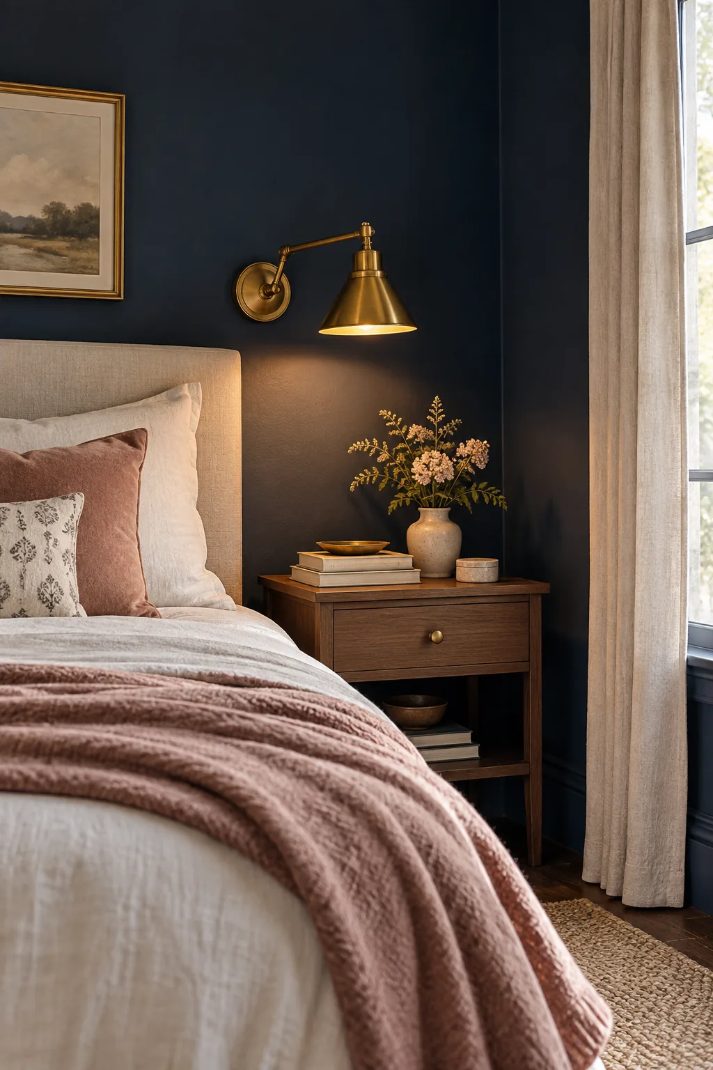 A brass wall sconce emitting a warm amber glow against a dark navy bedroom wall.