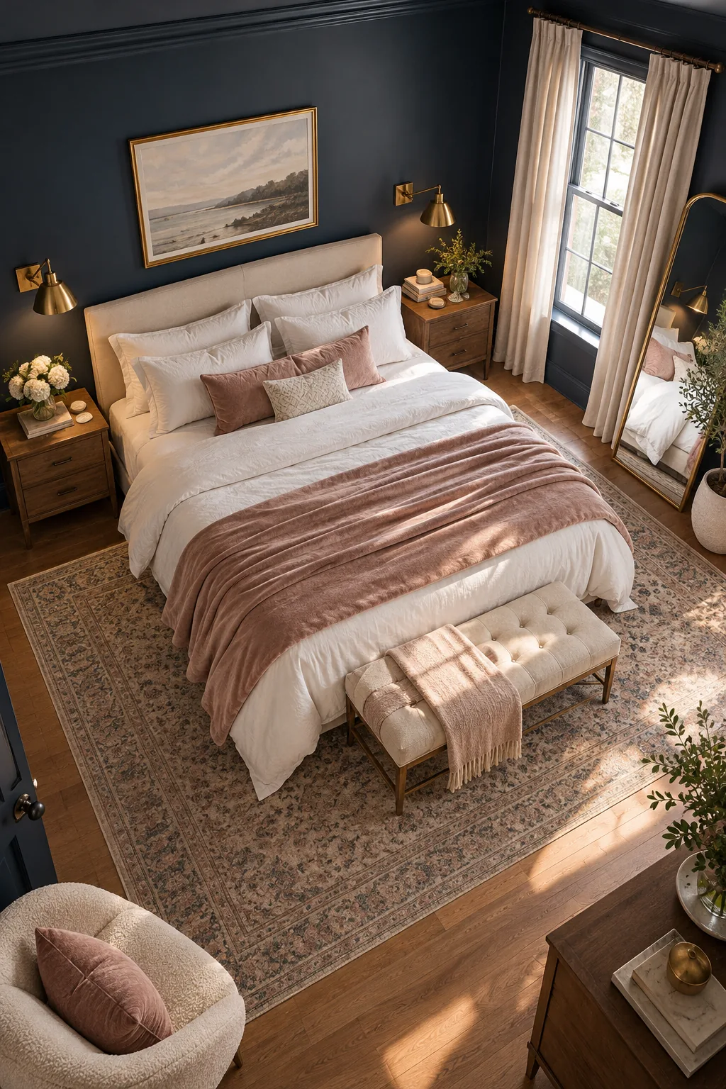 A fully styled, cohesive bedroom color-drenched in navy blue with blush and brass accents.