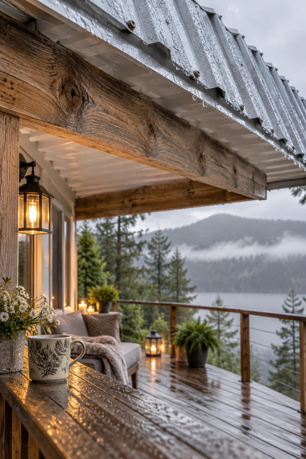 Wooden deck covered by a corrugated metal roof painted white underneath