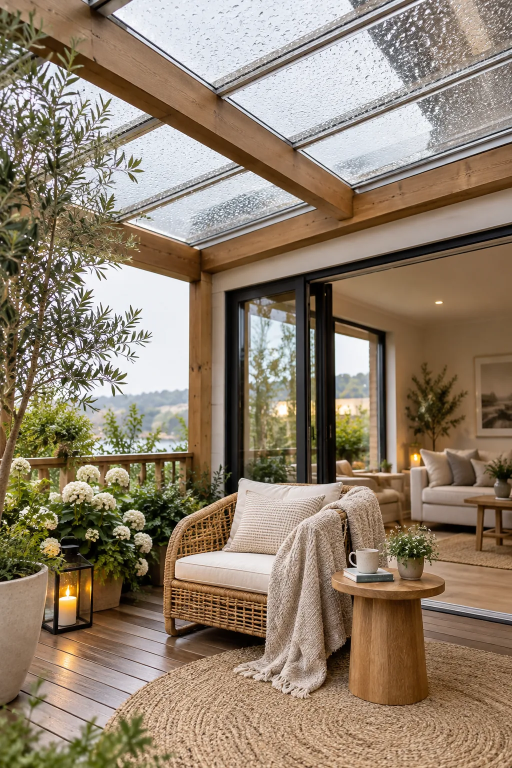 Deck with a clear polycarbonate roof letting sunlight through
