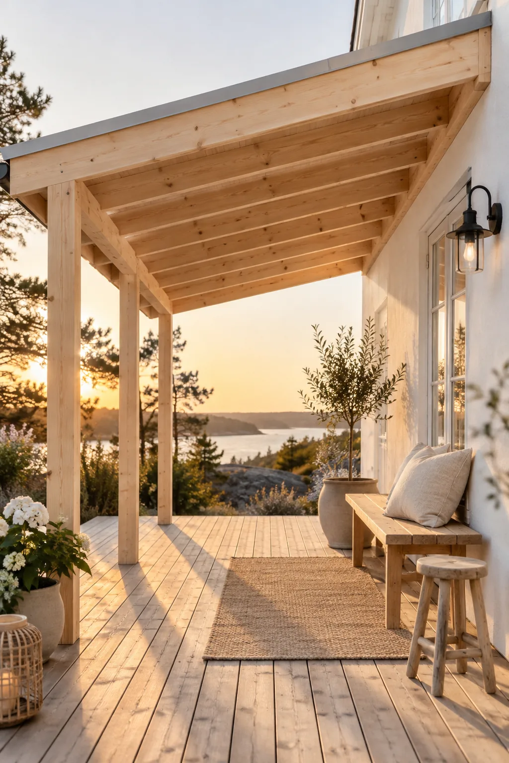 Single slope lean-to roof attached to a house over a wooden deck