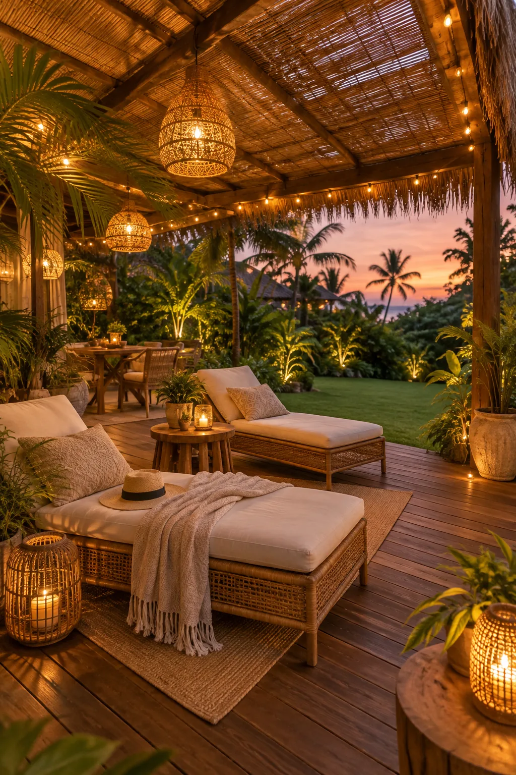 Bamboo reed screens unrolled over a wooden pergola on a deck