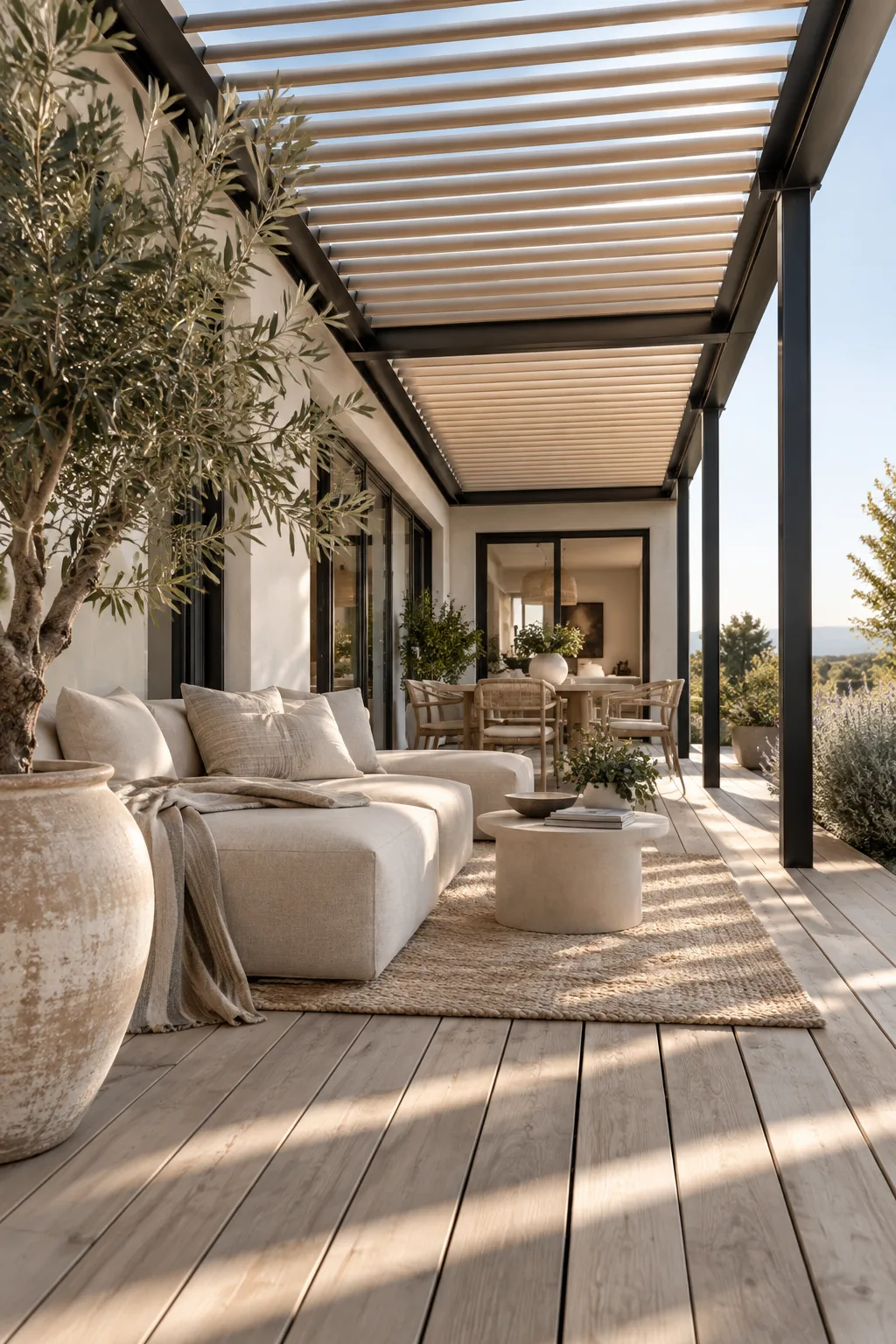 Modern deck with an adjustable metal louvered roof system