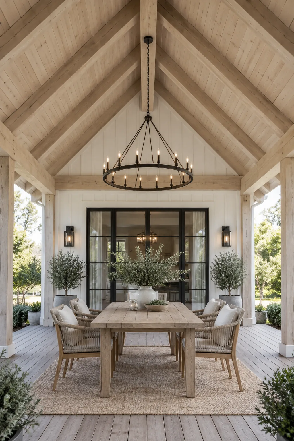 Vaulted A-frame gable roof built over a large wooden deck